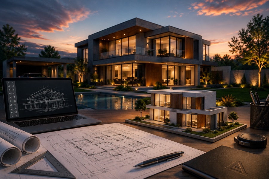 Casa de arquitetura moderna ao entardecer