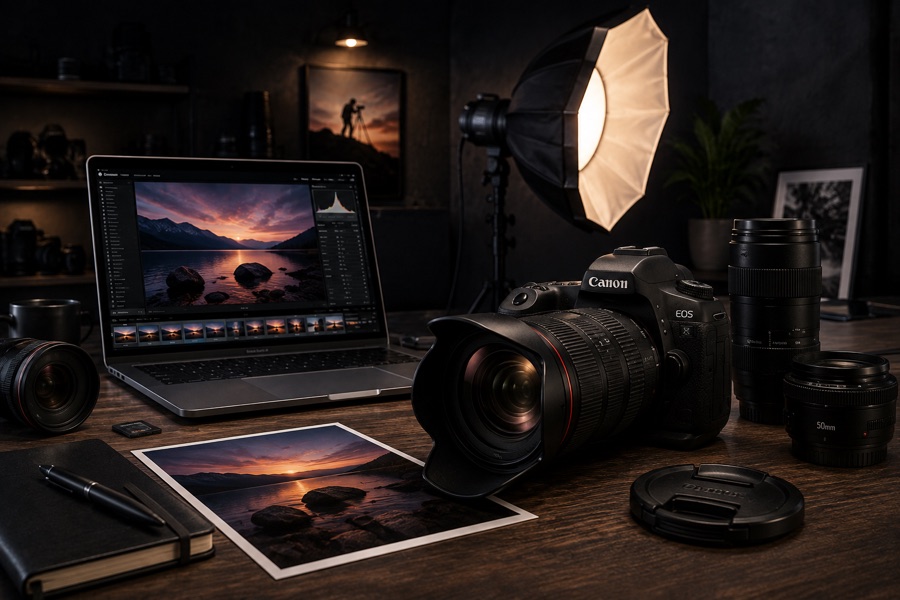 Câmera profissional em estúdio de fotografia
